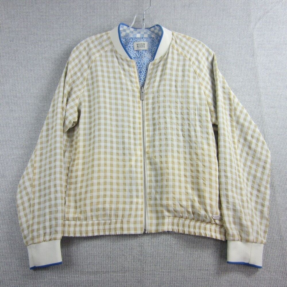 Scotch & Soda Jacket Women Small Tan White Checkered Full Zip Long Sleeve Bomber